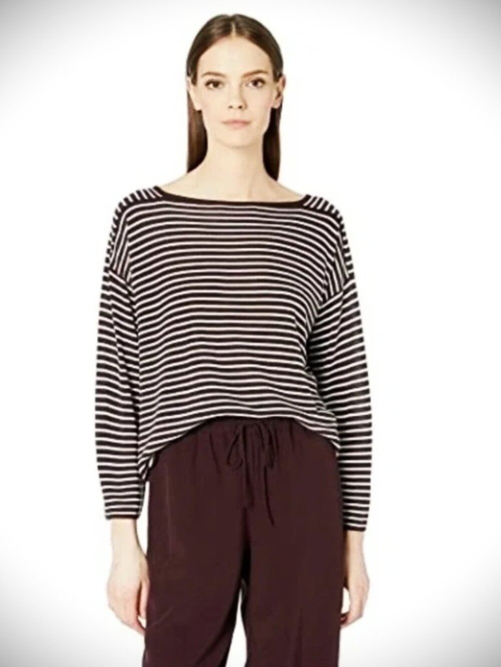 EILEEN FISHER Seamless Sleek Tencel White/Brown Striped Bateau Neck Sweater XL
